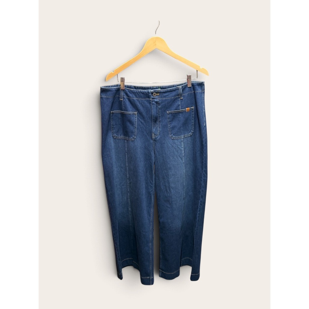 Halara Flex Denim Wide Leg Pants XL Blue High Waisted Stretch Patch Pocket NWT